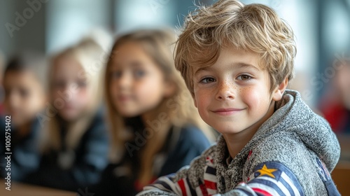 A smiling boy in a classroom with peers, showcasing a moment of engagement and learning.