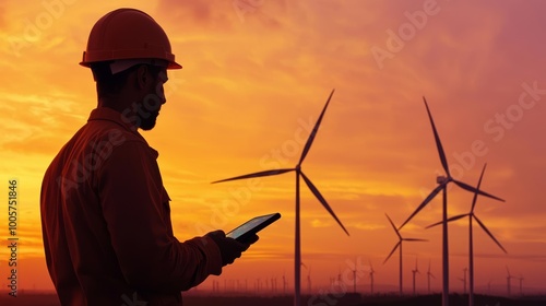 Wind turbine farm at sunrise with an engineer using portable diagnostic equipment, data overlays on turbines, eco-technology in motion, sustainable energy