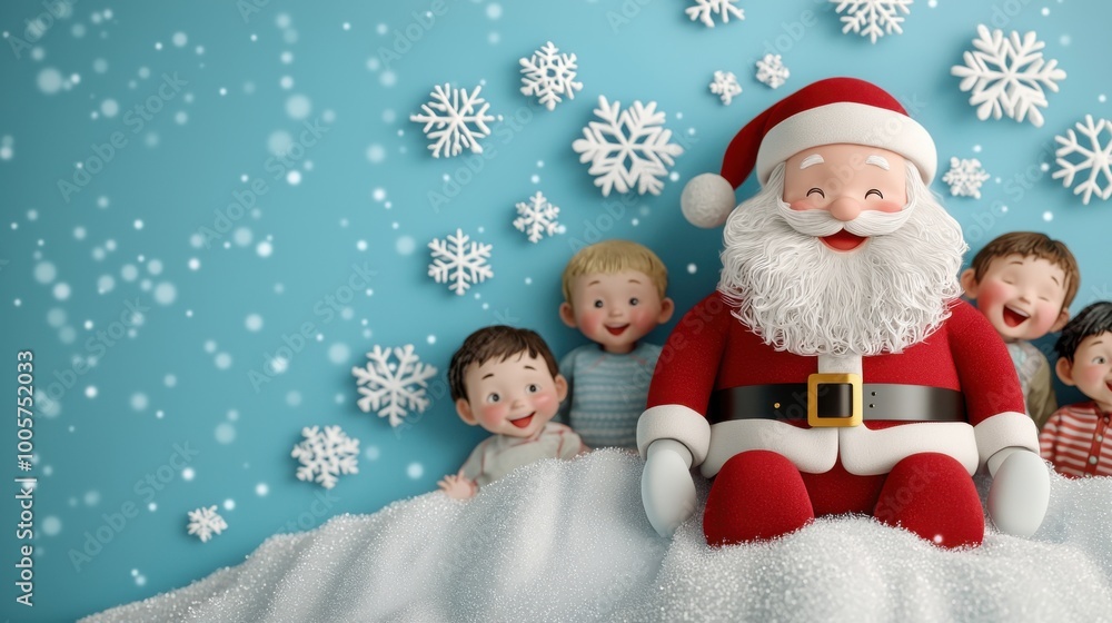 Children enjoying Christmas with Santa in a snowy setting. Children enjoying Christmas with Santa in a snowy setting.