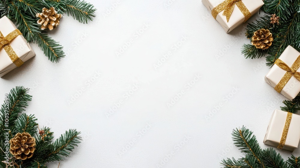 Christmas decorations with gifts and pine branches, white background Christmas decorations with gifts and pine branches, white background