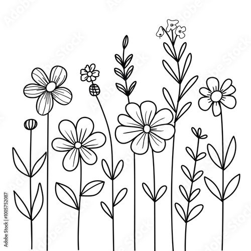 Cute design with flowers coloring page, Hand drawn flat design simple flower outline set.