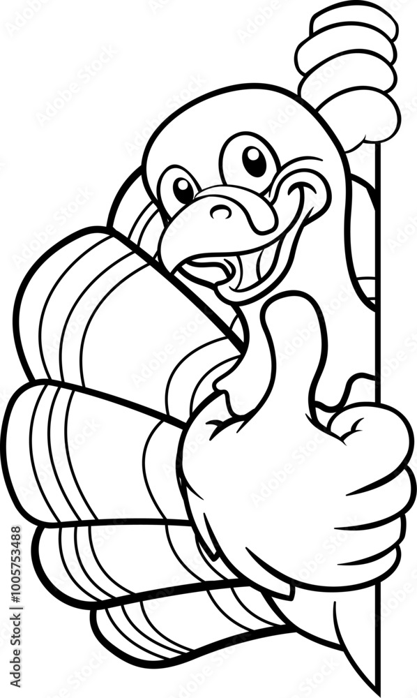 A turkey Thanksgiving cartoon bird Christmas mascot peeking around a sign with copy space A turkey Thanksgiving cartoon bird Christmas mascot peeking around a sign with copy space