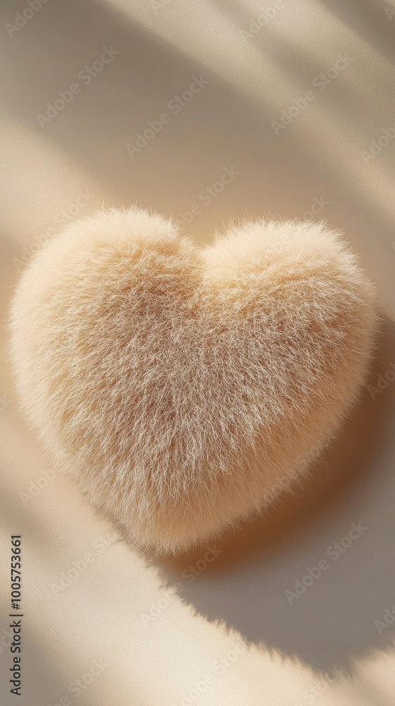 Fluffy heart-shaped pillow on sunlit surface Fluffy heart-shaped pillow on sunlit surface