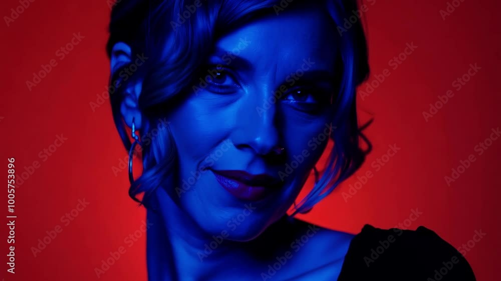 Moody portrait in blue and red lighting reflecting modern artistry Moody portrait in blue and red lighting reflecting modern artistry