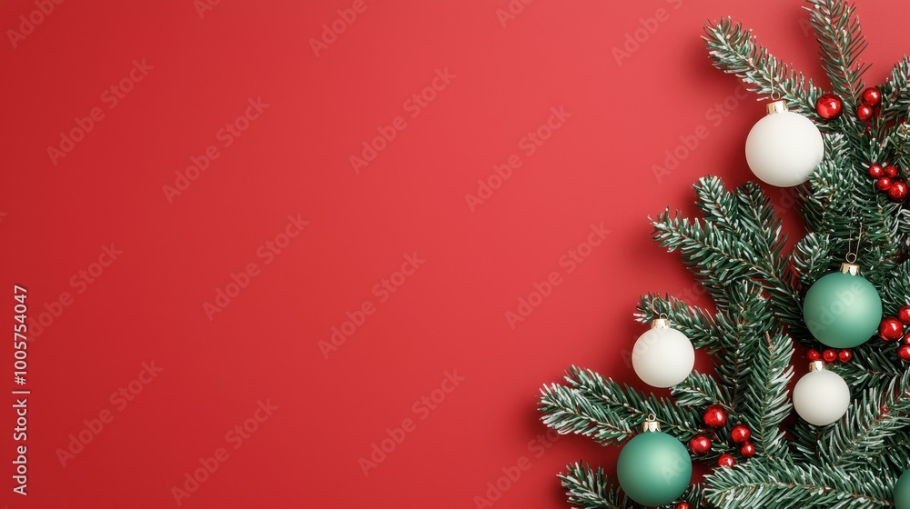 Christmas tree branches with ornaments on red background. Christmas tree branches with ornaments on red background.