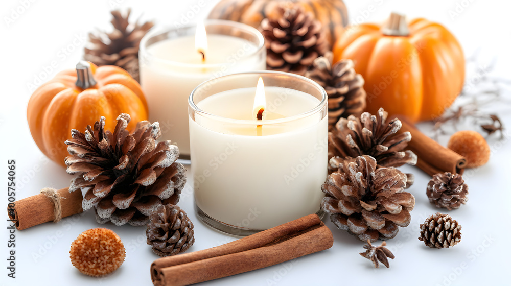 Fall-scented candles in a cozy autumnal setting with cinnamon sticks, pine cones, and mini pumpkins Fall-scented candles in a cozy autumnal setting with cinnamon sticks, pine cones, and mini pumpkins