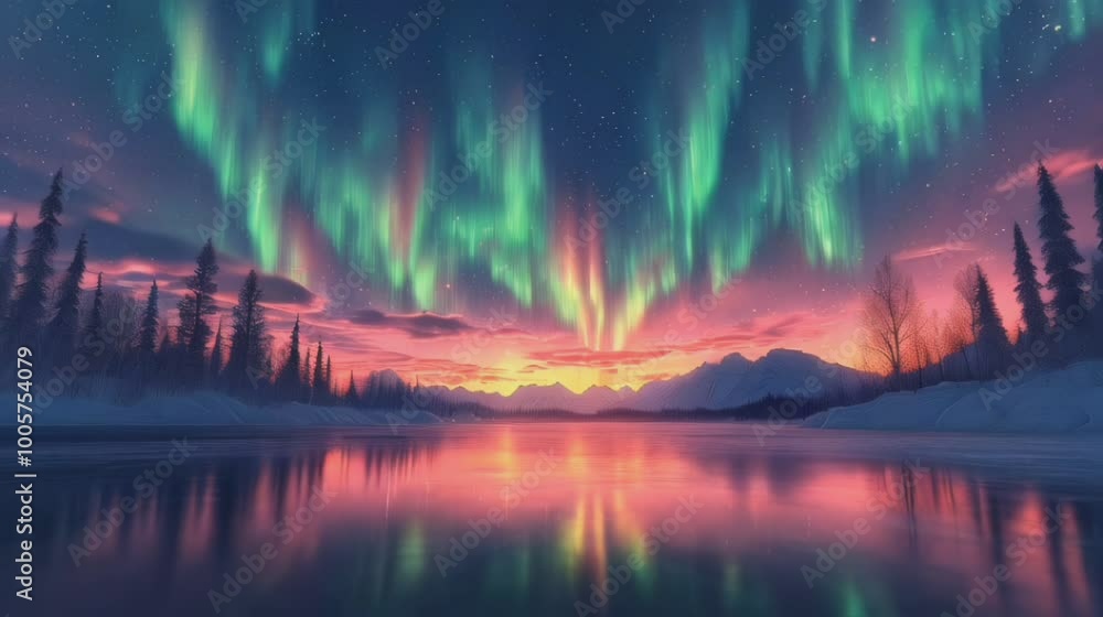 Stunning Aurora Borealis Display Over a Snowy Landscape at Sunset, Green Lights Dancing Across a Purple and Pink Sky Reflecting on a Serene Frozen Lake Stunning Aurora Borealis Display Over a Snowy Landscape at Sunset, Green Lights Dancing Across a Purple and Pink Sky Reflecting on a Serene Frozen Lake
