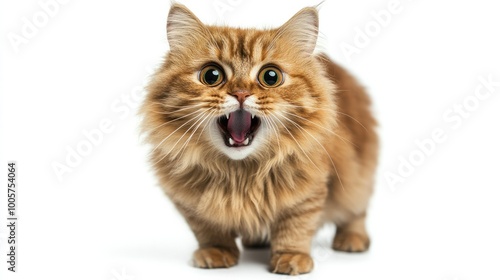 A funny, angry cat with an exaggerated surprised expression, standing on alert with wide-open eyes and fluffed fur, isolated on a white background.