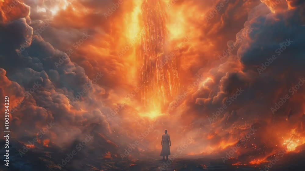 Lone Figure Standing Beneath a Towering Fiery Pillar Amidst a Dramatic Sky of Orange and Black Clouds, Surrounded by Flames, Representing Chaos and Awe-Inspiring Power Lone Figure Standing Beneath a Towering Fiery Pillar Amidst a Dramatic Sky of Orange and Black Clouds, Surrounded by Flames, Representing Chaos and Awe-Inspiring Power