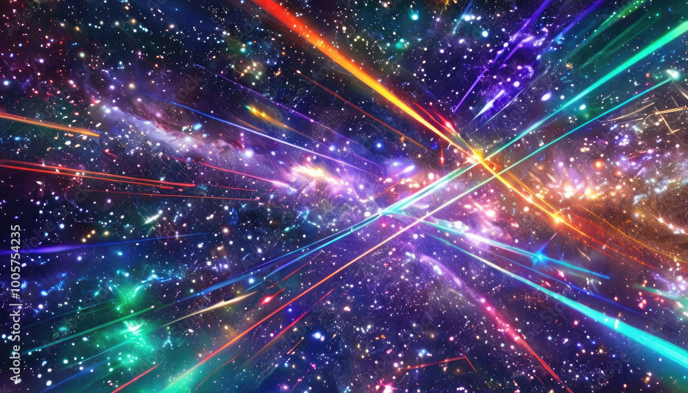 Vibrant digital wallpaper featuring a cosmic background filled with stars and galaxies, enhanced by colorful laser lights creating dynamic patterns across the scene. Vibrant digital wallpaper featuring a cosmic background filled with stars and galaxies, enhanced by colorful laser lights creating dynamic patterns across the scene.