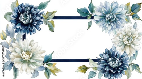 Watercolor border of navy blue, silver, and white chrysanthemums, accented by green leaves, creating a rectangular frame on a white background.