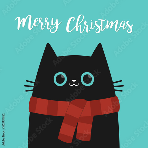 Christmas cat face with big blue eyes. Kitten wearing red scarf. Black silhouette icon. Funny kawaii animal. Cute cartoon pet baby character. Childish style. Flat design. Blue background. Vector