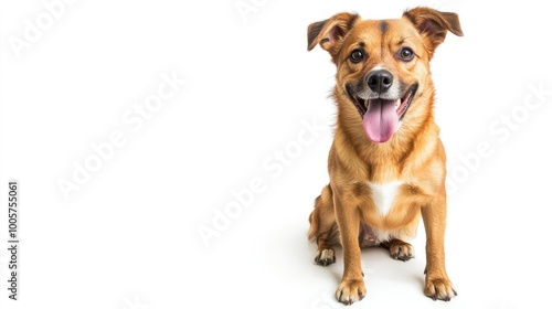 A happy dog sits patiently on a white background, looking at the camera with its tongue out, showcasing a friendly and fun personality.