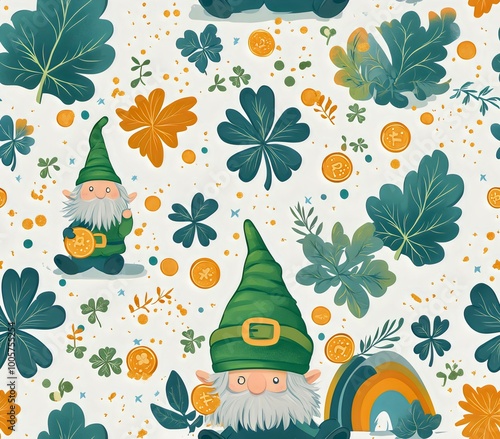 Seamless pattern featuring funny gnomes with green clovers leaves and gold coins for St. Patrick's Day, collection for decoration and design of fabric and wallpaper. Generative AI