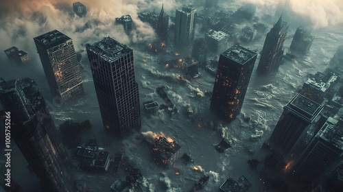 Aerial view documenting the devastating scale of a catastrophic flood event in a densely populated urban landscape with towering skyscrapers partially submerged in swirling turbulent floodwaters