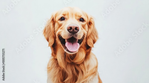 A happy dog sitting on a white background, looking directly at the camera with its tongue out, radiating joy and friendliness.