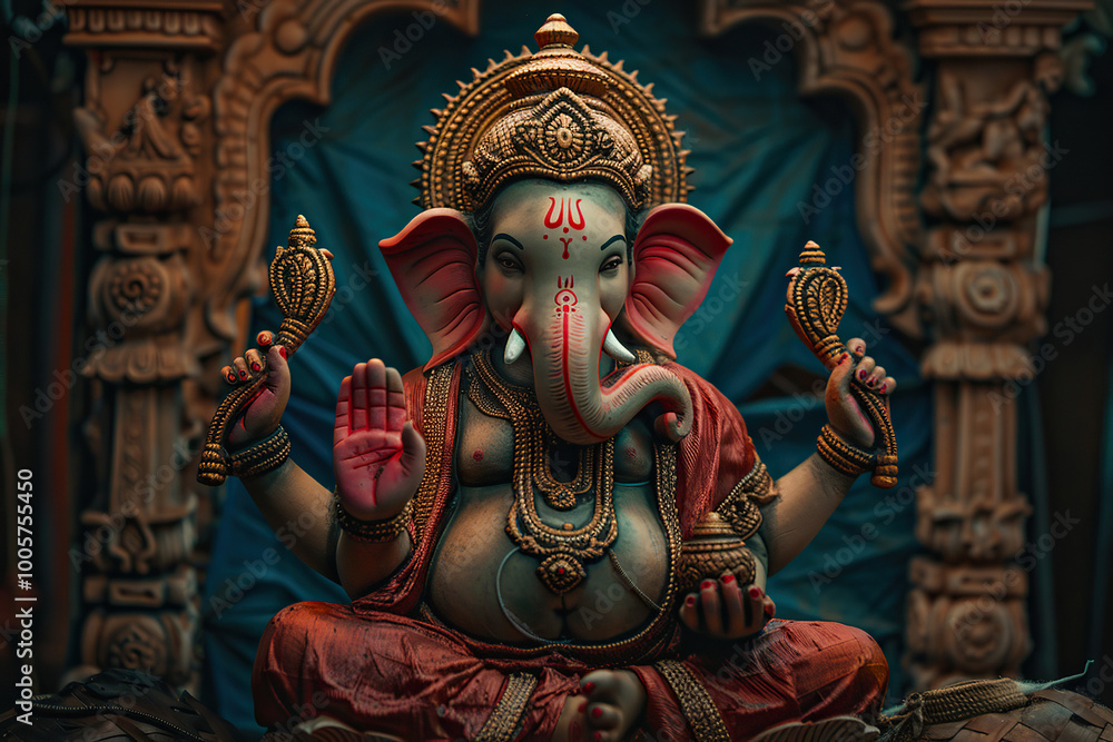 Fototapeta premium Beautiful greeting card with bright holiday composition for happy celebrate Ganesh Chaturthi