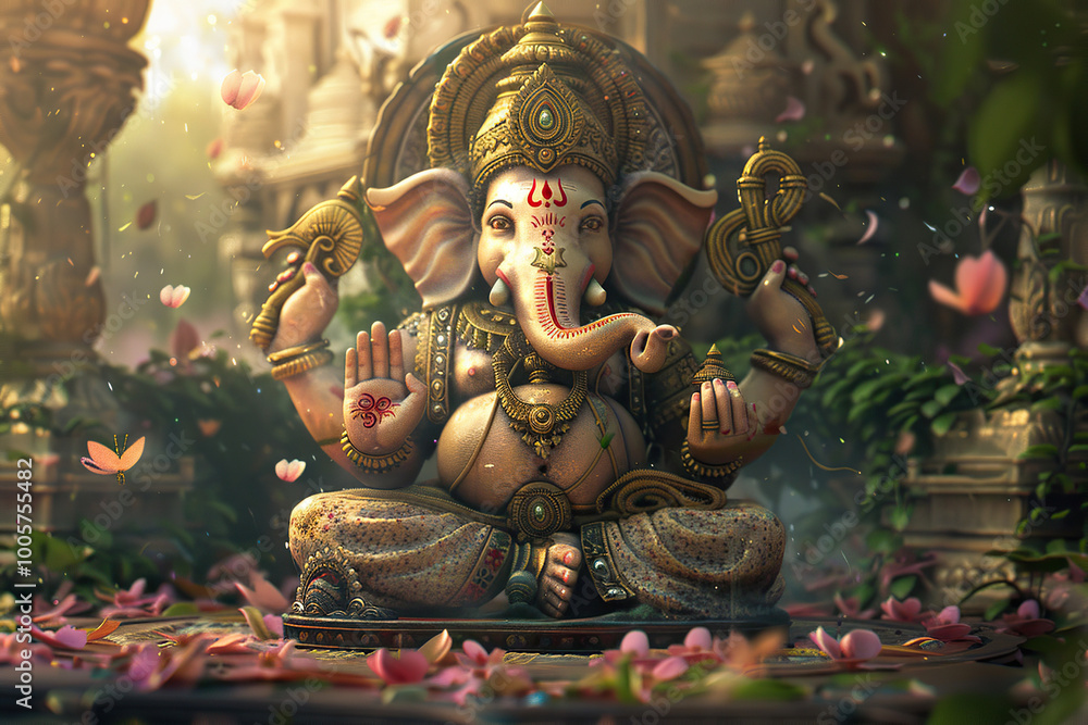 Fototapeta premium Beautiful greeting card with bright holiday composition for happy celebrate Ganesh Chaturthi