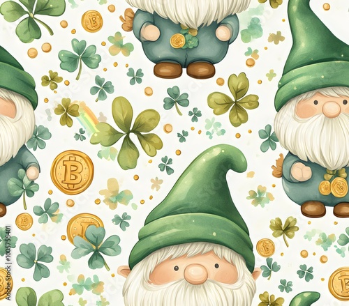 Watercolor seamless pattern featuring cute gnomes with green shamrock leaves and gold coins for St. Patrick's Day, collection for decoration and design of fabric and wallpaper. Generative AI