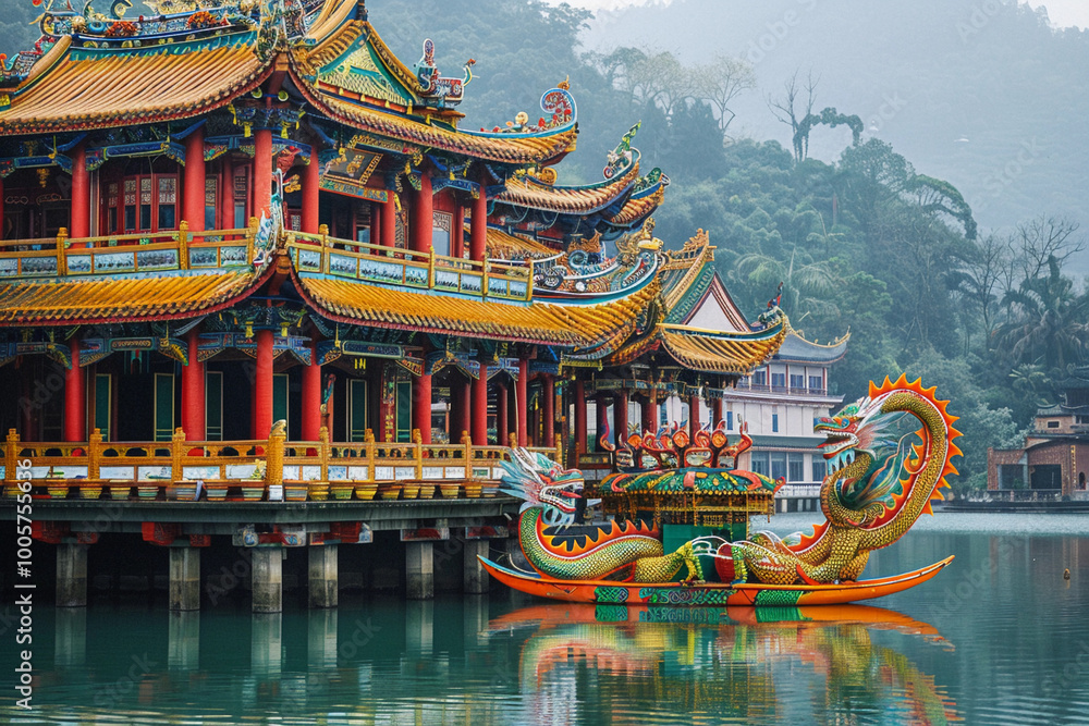 Naklejka premium Beautiful greeting card with holiday composition for celebrate chinese dragon boat festival