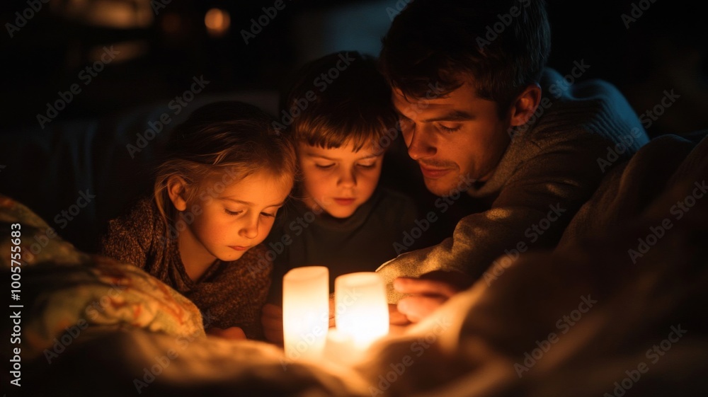 A Father and His Two Children Gather Around Lit Candles in a Dark Room A Father and His Two Children Gather Around Lit Candles in a Dark Room