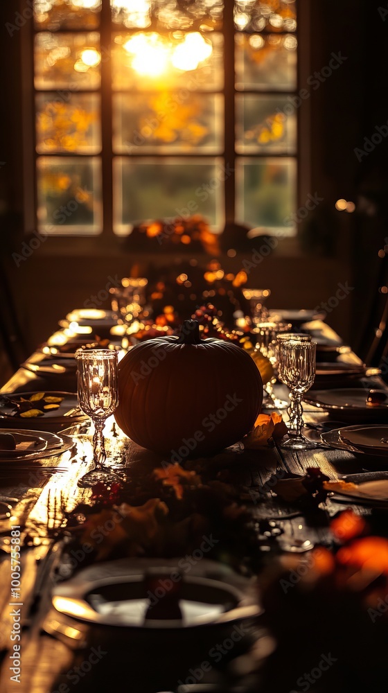 Silhouette of a Thanksgiving table with a pumpkin as the centerpiece. Silhouette of a Thanksgiving table with a pumpkin as the centerpiece.