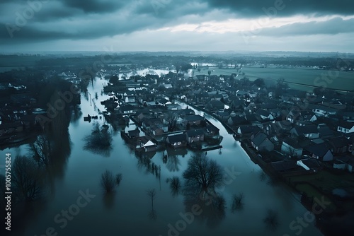 Aerial view of a flooded countryside with homes and infrastructure consumed by the rising tide  Desaturated tones and muted lighting convey a somber photojournalistic mood photo