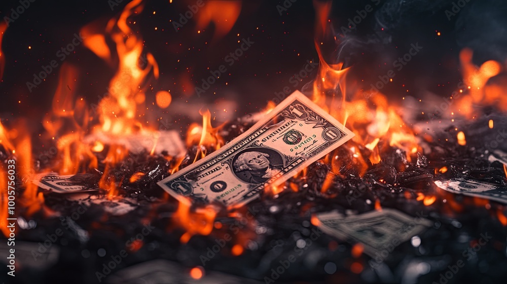 Burning dollar bills amidst fierce flames Burning dollar bills amidst fierce flames