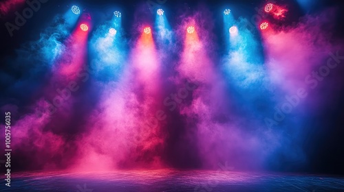 Empty Stage with Colorful Spotlights, Fog Effect, and Purple-Blue Lights for Presentation or Concert