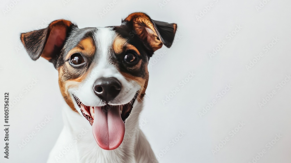 A joyful dog with its tongue hanging out sits on a bright white background, making eye contact with the camera, full of excitement and playfulness. A joyful dog with its tongue hanging out sits on a bright white background, making eye contact with the camera, full of excitement and playfulness.