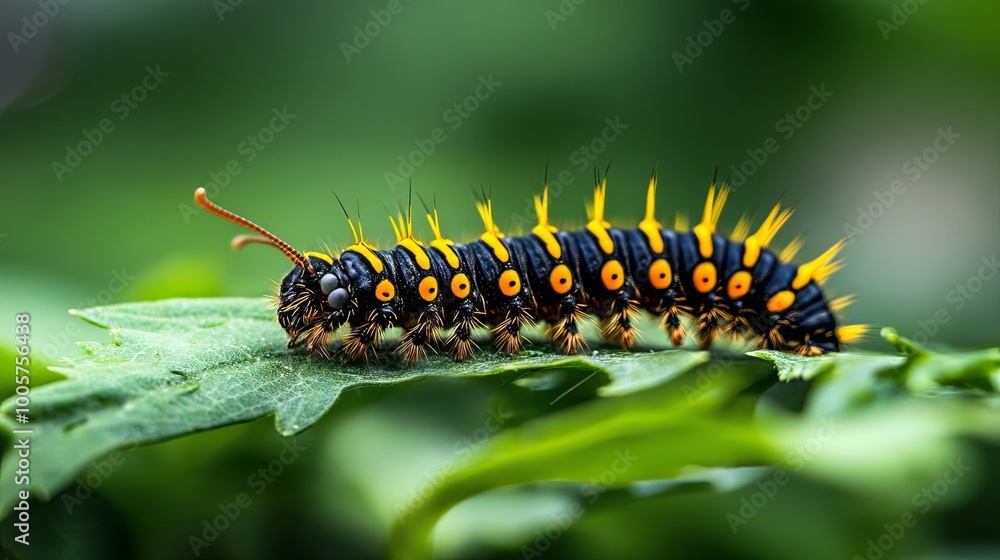 Vibrant caterpillar resting on a green leaf Vibrant caterpillar resting on a green leaf