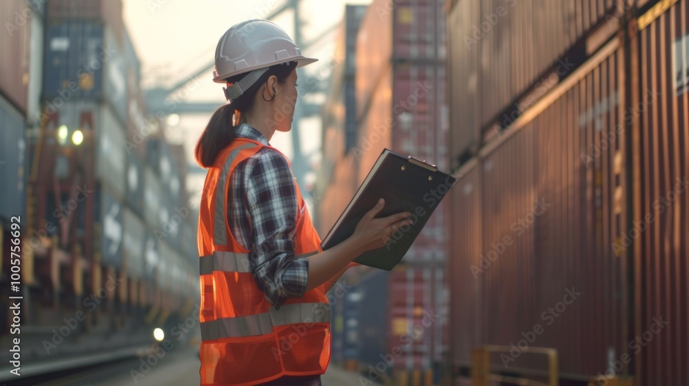 A woman wearing a safety vest and a hard hat is holding a clipboard A woman wearing a safety vest and a hard hat is holding a clipboard