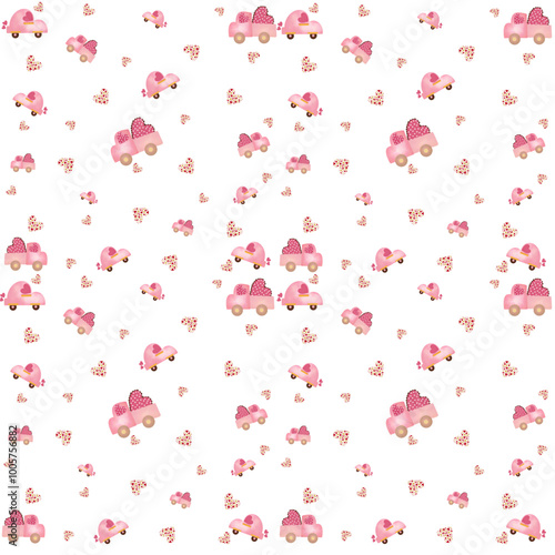 Happy Valentine's Day or Wedding Day with Truck and Hearts Pattern for Background, Fabric and Gift Wrapping Paper.