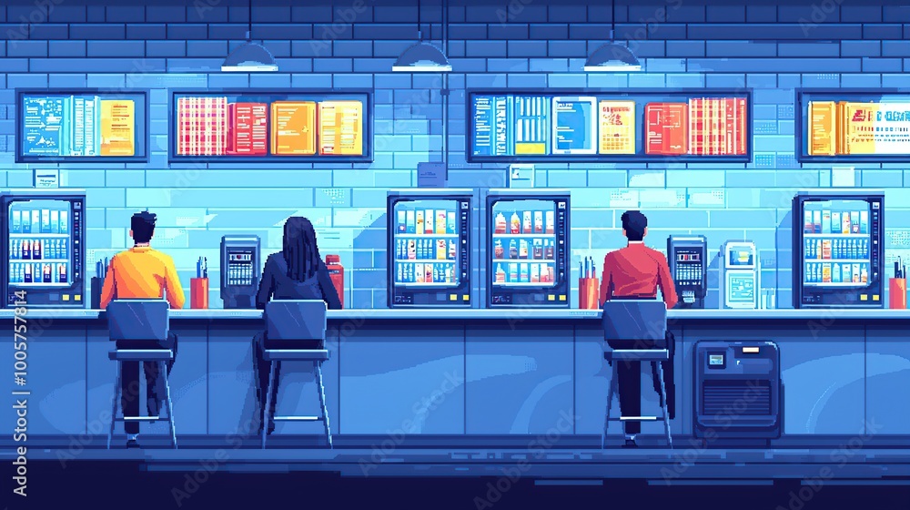 Three people sit at a counter with vending machines and menus behind ...
