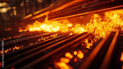 Industrial scene of molten metal flowing in a foundry photo