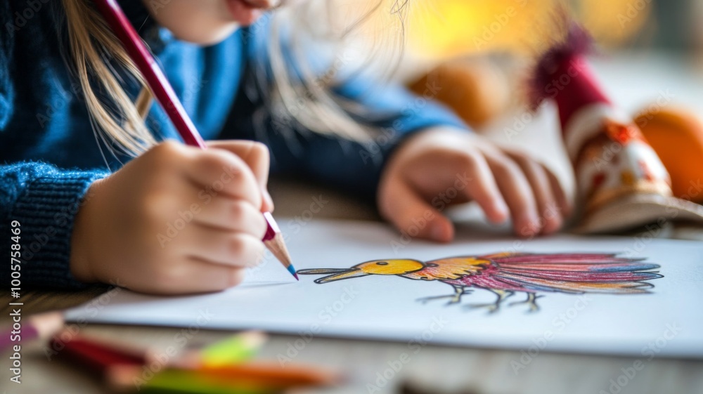 Child Coloring a Bird Drawing with Red Pencil Child Coloring a Bird Drawing with Red Pencil