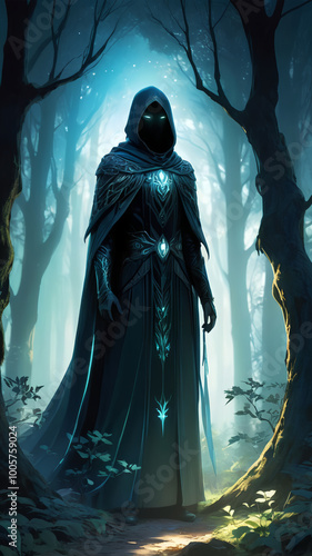 A lone figure, cloaked in moonlight, stands amidst ancient.