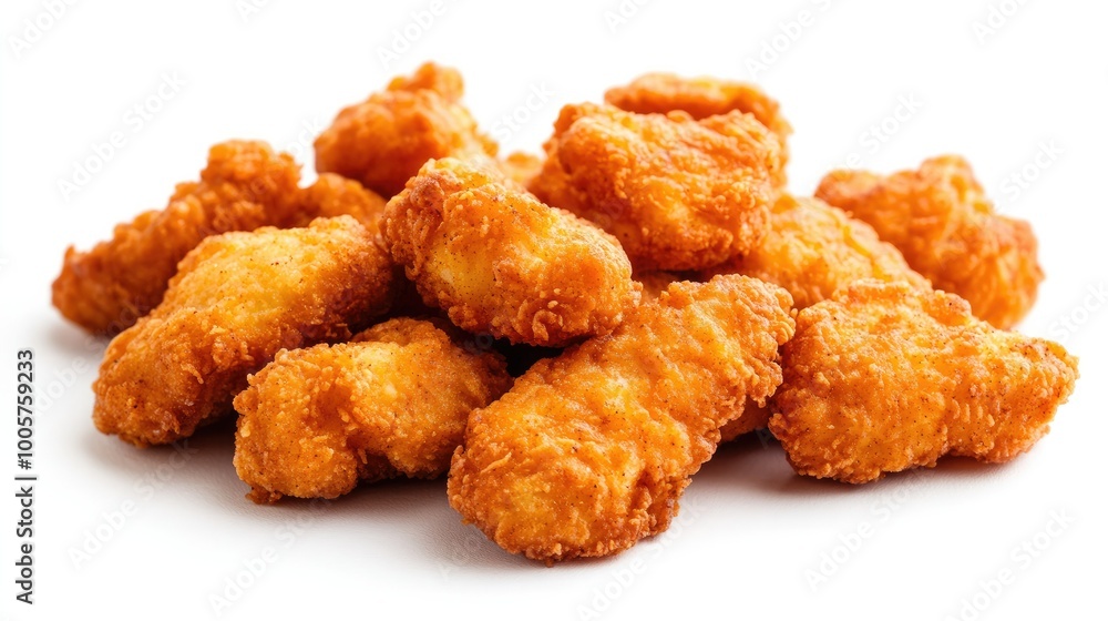 A serving of fiery hot chicken nuggets, crispy and golden, arranged neatly on a white background for a fun and tempting food presentation. A serving of fiery hot chicken nuggets, crispy and golden, arranged neatly on a white background for a fun and tempting food presentation.