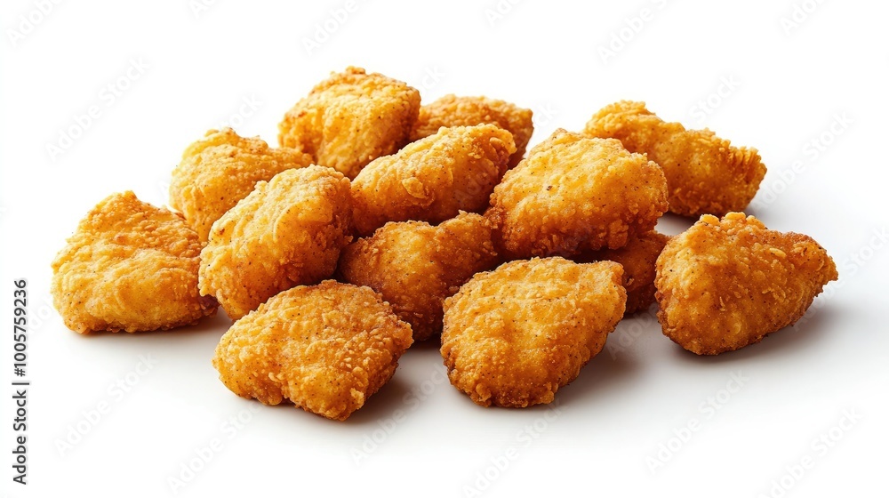 A serving of fiery hot chicken nuggets, crispy and golden, arranged neatly on a white background for a fun and tempting food presentation. A serving of fiery hot chicken nuggets, crispy and golden, arranged neatly on a white background for a fun and tempting food presentation.