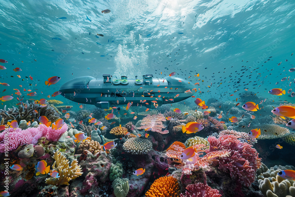 Fototapeta premium Beautiful large bathyscaphe floating in middle of ocean during exploration