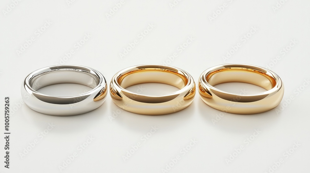 A set of gold and silver rings, arranged in a row on a white background, highlighting luxury and style. A set of gold and silver rings, arranged in a row on a white background, highlighting luxury and style.