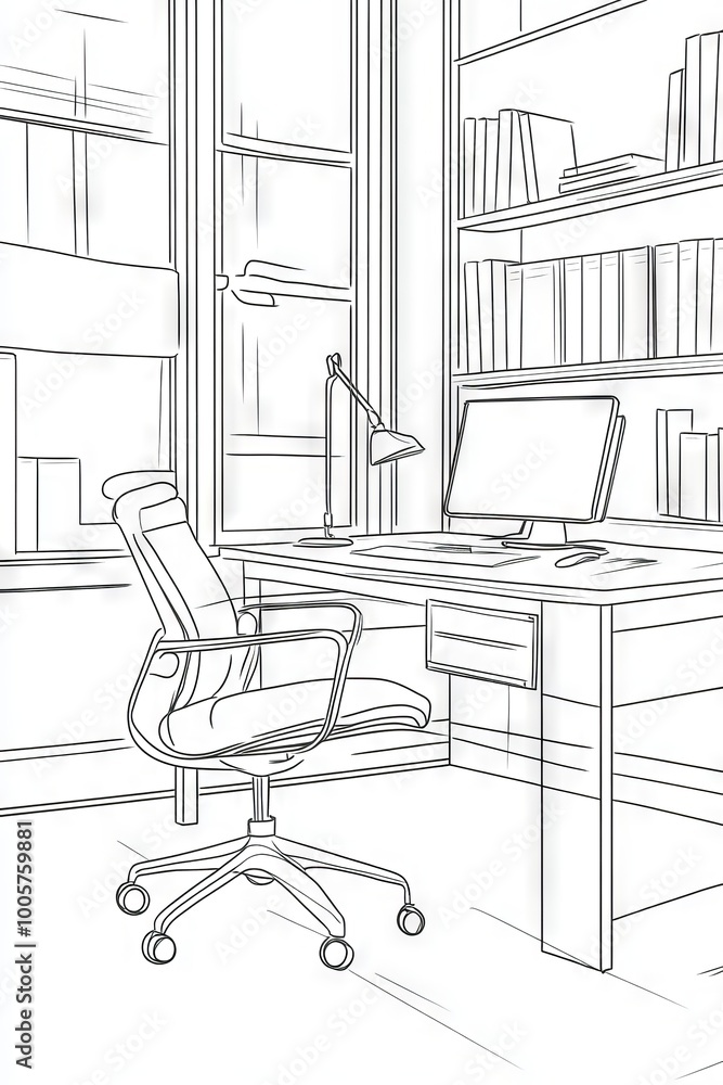 A drawing of a desk with a chair and a computer monitor. The room appears to be a home office, and the overall mood is professional and focused A drawing of a desk with a chair and a computer monitor. The room appears to be a home office, and the overall mood is professional and focused