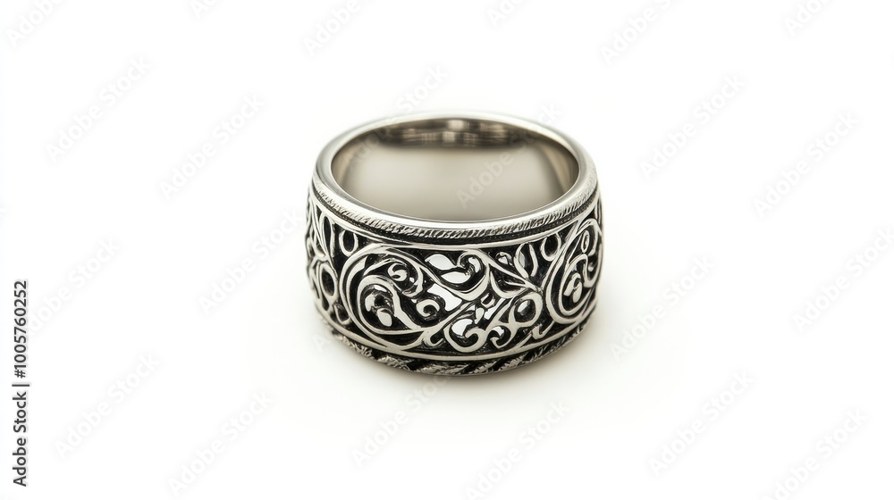 A simple yet elegant silver ring with intricate patterns, set against a bright white background to focus on its detailed craftsmanship and artistic flair. A simple yet elegant silver ring with intricate patterns, set against a bright white background to focus on its detailed craftsmanship and artistic flair.