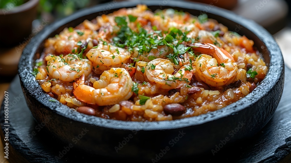 Flavorful Baio de Dois Dish with Shrimp on a Elegant Black Stone Plate Flavorful Baio de Dois Dish with Shrimp on a Elegant Black Stone Plate