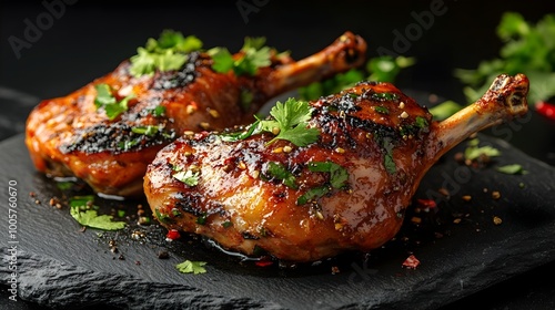 Mouthwatering Tucupi Braised Duck Dish on Elegant Black Stone Plate photo