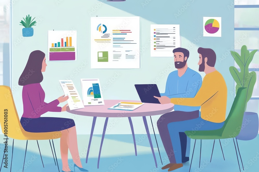 team meeting in a bright and cheerful office with colorful charts team meeting in a bright and cheerful office with colorful charts