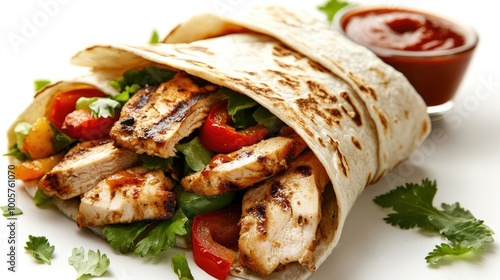 A spicy chicken wrap with grilled chicken, peppers, and sauces, beautifully arranged on a white background for a bold, flavorful presentation.