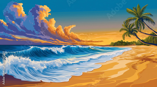 vibrant beach scene featuring waves crashing on shore, palm trees swaying, and colorful sunset sky filled with clouds. serene atmosphere evokes sense of tranquility and beauty. 