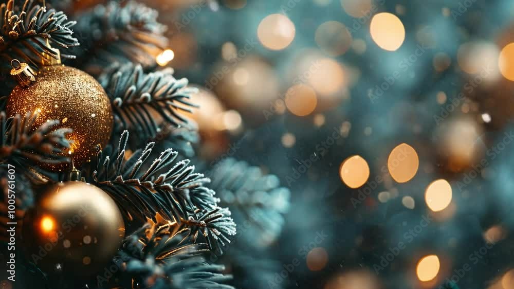 Golden decorations adorn a lush Christmas tree, twinkling lights create a warm atmosphere, and gentle snowflakes add a festive touch to the joyful holiday scene. Golden decorations adorn a lush Christmas tree, twinkling lights create a warm atmosphere, and gentle snowflakes add a festive touch to the joyful holiday scene.