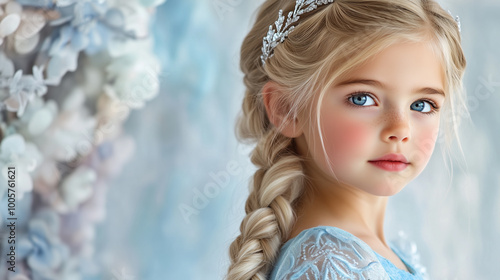 young girl with long braided hair and blue eyes, wearing light blue dress, surrounded by soft floral backgrounds, exuding serene and enchanting aura. 